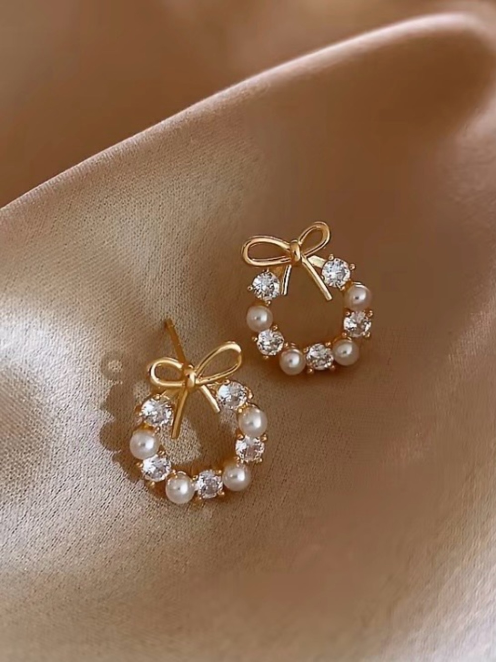 Gold Pearl & Crystal Bow Wreath Stud Earrings